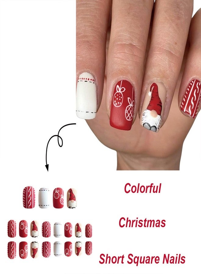 Vopintpy Christmas Gnome Press on Nails Short Square Fake Nails Matte Winter Xmas Glue on Nails Reusable Full Cover Stick on Nails for Women DIY New Year Manicure - Image 2